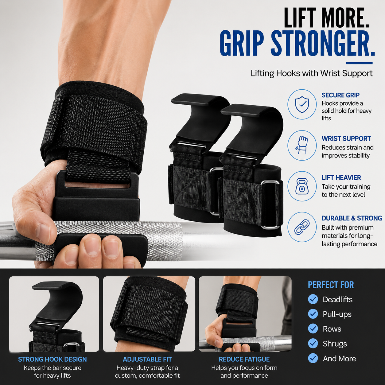 2pcs Weight Lifting Hook Grips with Wrist Wraps – Gym Fitness Hand-Bar Straps for Pull-Ups, Deadlifts & Powerlifting