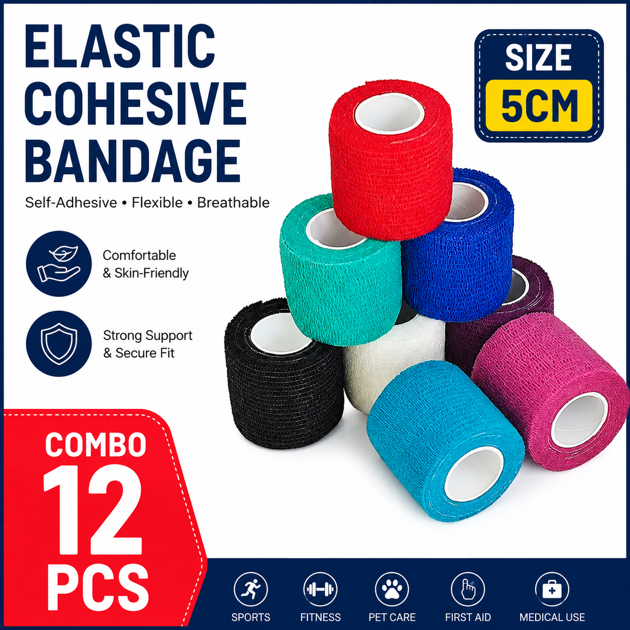 12PCS Self-Adhesive Elastic Bandage Wrap-5CM/2inch