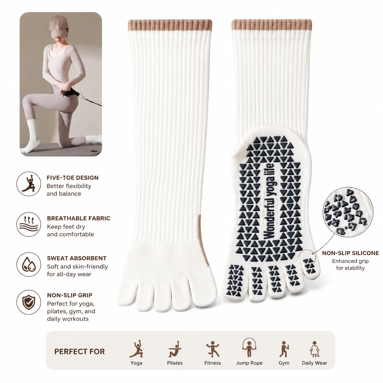 Women’s Five-Finger Yoga Socks – Non-Slip Mid-Calf